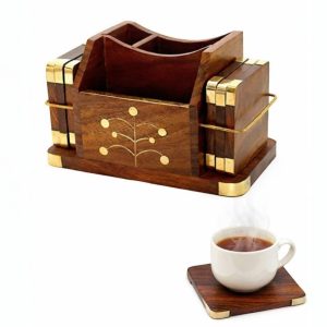 Wooden Business Card Holder with Coasters Set