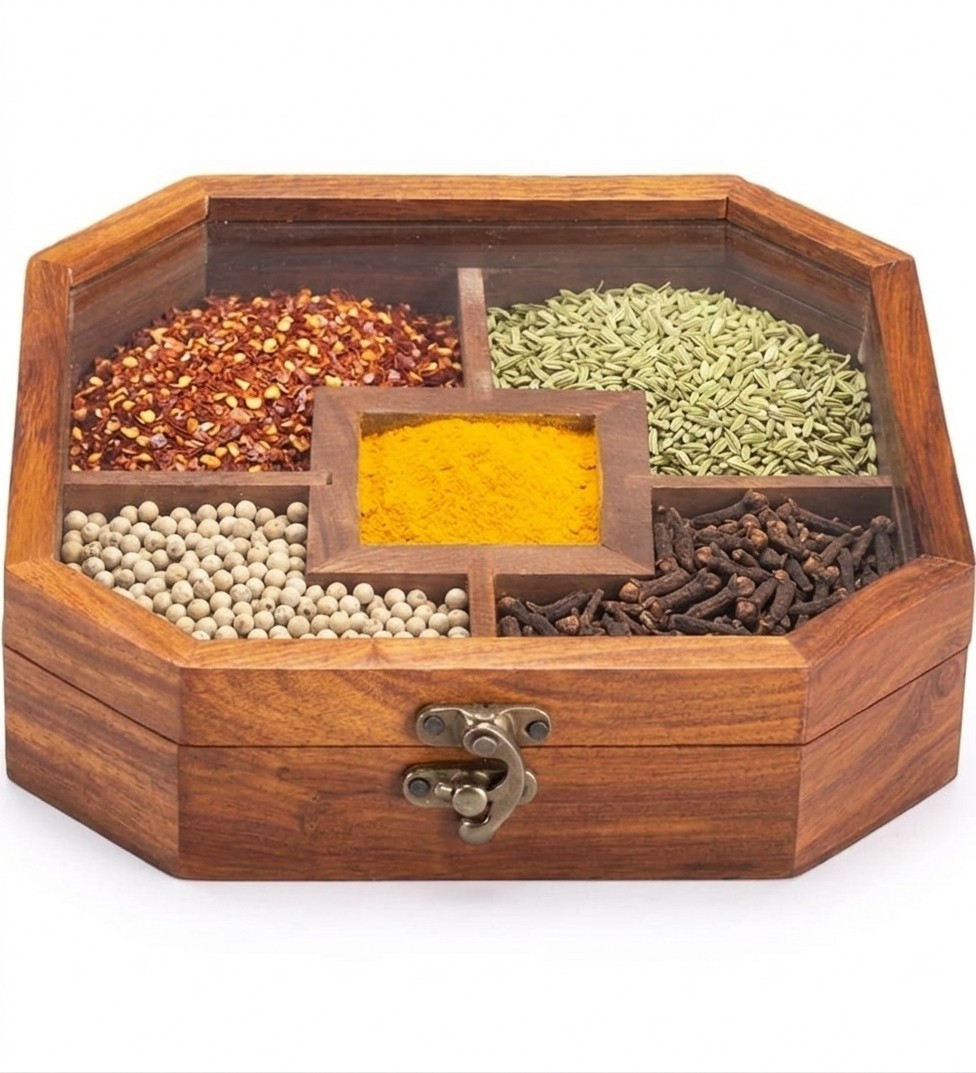 Wooden Spice Box for Kitchen, Octagonal