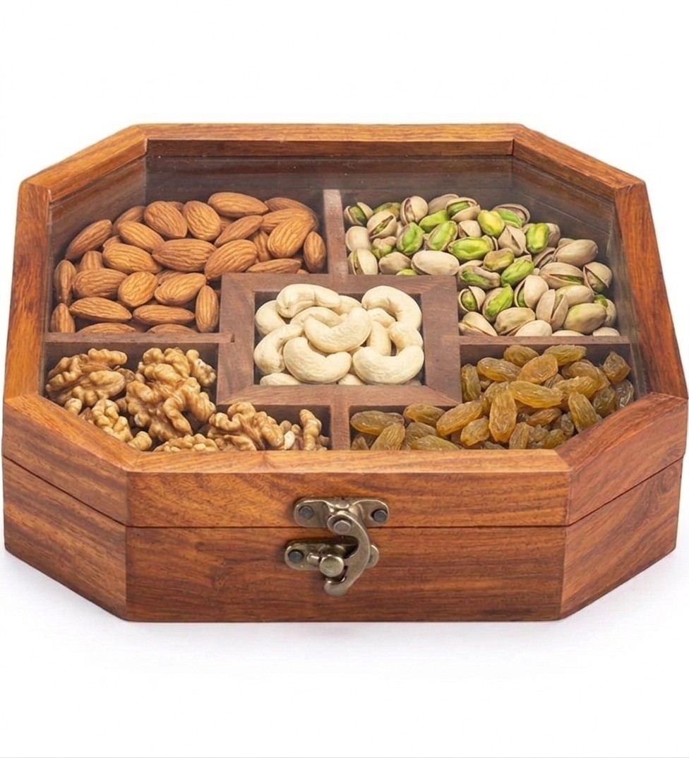 Wooden Dry Fruit Box with Glass Lid | 5 Section