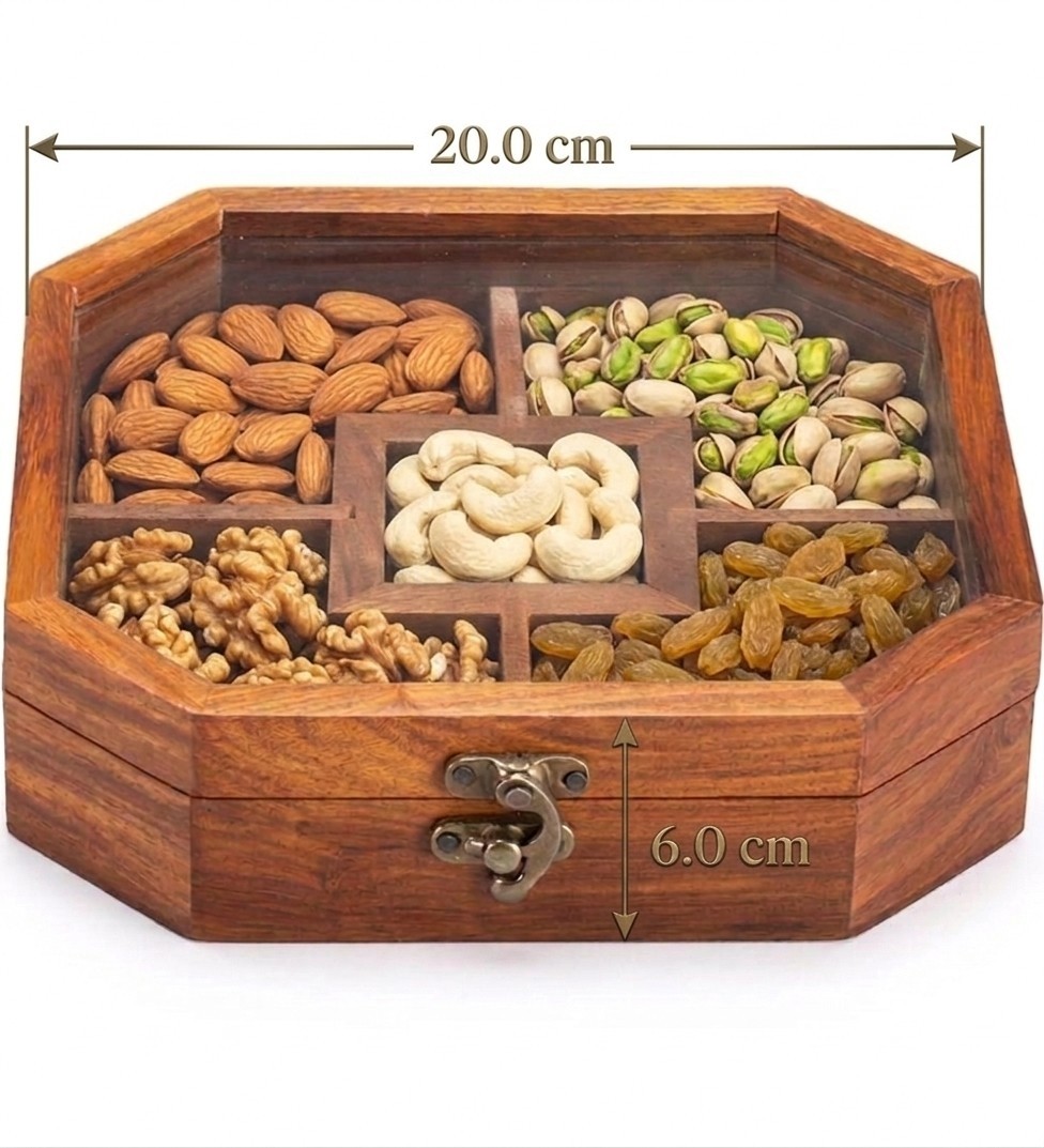 Wooden Dry Fruit Box with Glass Lid | 5 Section - Image 2