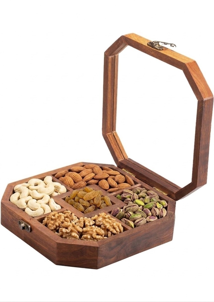 Wooden Dry Fruit Box with Glass Lid | 5 Section - Image 3