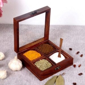 Wooden Spice Box for Kitchen, 4 Compartment
