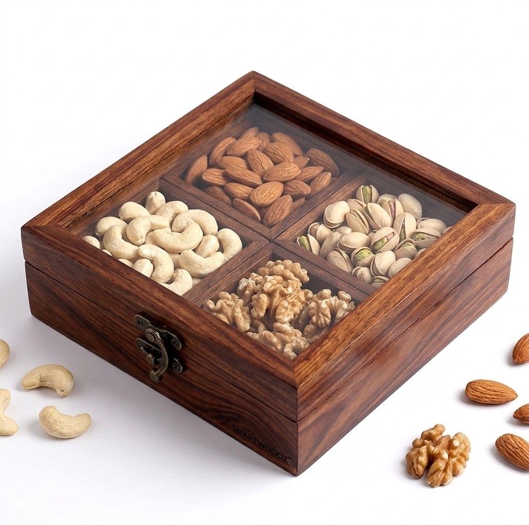 Wooden Dry Fruit Box with Glass Lid, 4 Section - Image 3
