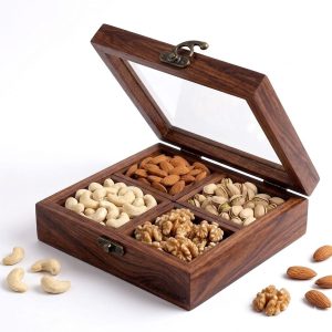 Wooden Dry Fruit Box with Glass Lid, 4 Section