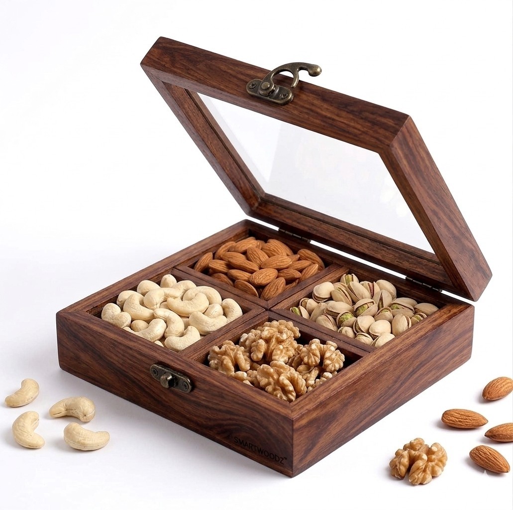 Wooden Dry Fruit Box with Glass Lid, 4 Section