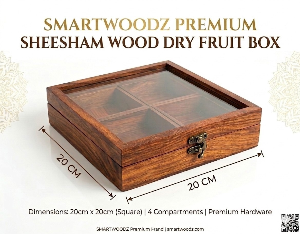 Wooden Dry Fruit Box with Glass Lid, 4 Section - Image 4