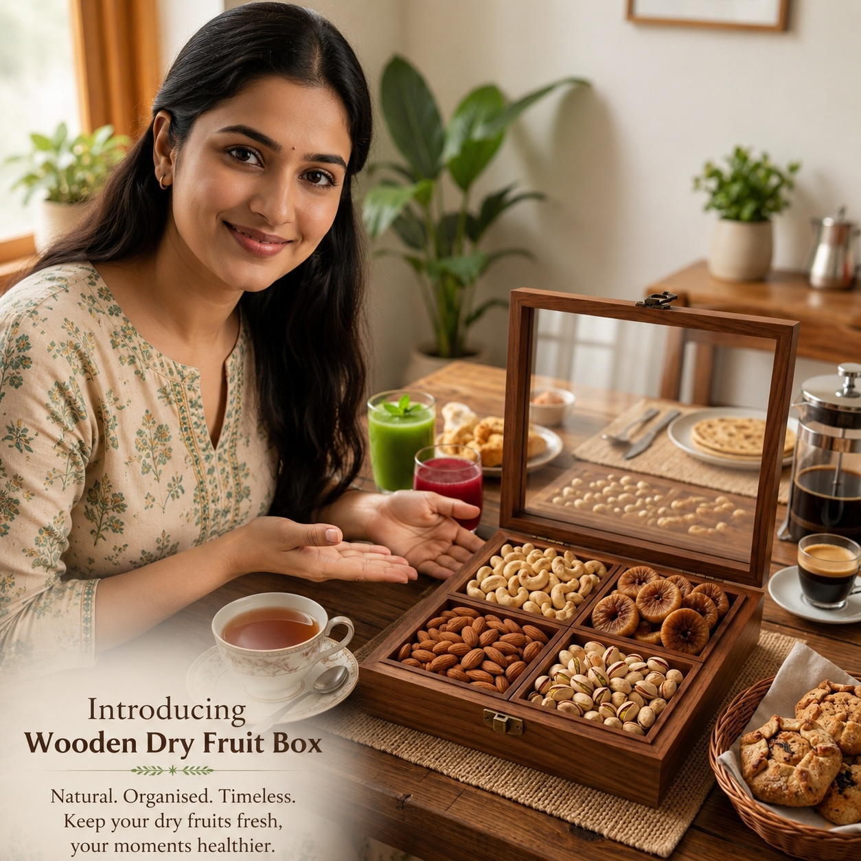 Wooden Dry Fruit Box with Glass Lid, 4 Section - Image 2